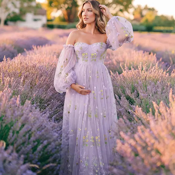 Purple Floral Maternity Dress with Embroidered Tulle and Flowing Floor Length Skirt for Maternity Photoshoot and Baby Shower | Bumplook