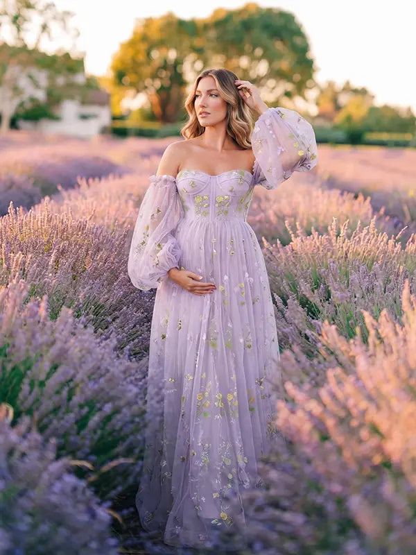 Purple Floral Maternity Dress with Embroidered Tulle and Flowing Floor Length Skirt for Maternity Photoshoot and Baby Shower | Bumplook