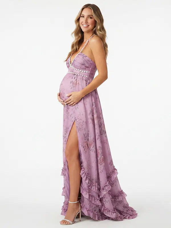 Lavender Pearl Halter Maternity Dress, Romantic Garden Maternity Maxi Dress for Baby Shower, Maternity Photoshoot, Gender Reveal, Pregnancy Announcement, Wedding Guest, Bridal Shower, Formal Events | Bumplook