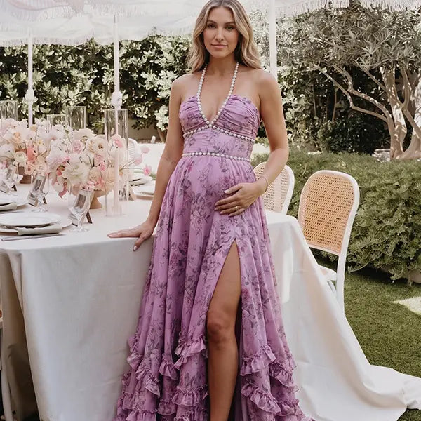 Lavender Pearl Halter Maternity Dress, Romantic Garden Maternity Maxi Dress for Baby Shower, Maternity Photoshoot, Gender Reveal, Pregnancy Announcement, Wedding Guest, Bridal Shower, Formal Events | Bumplook