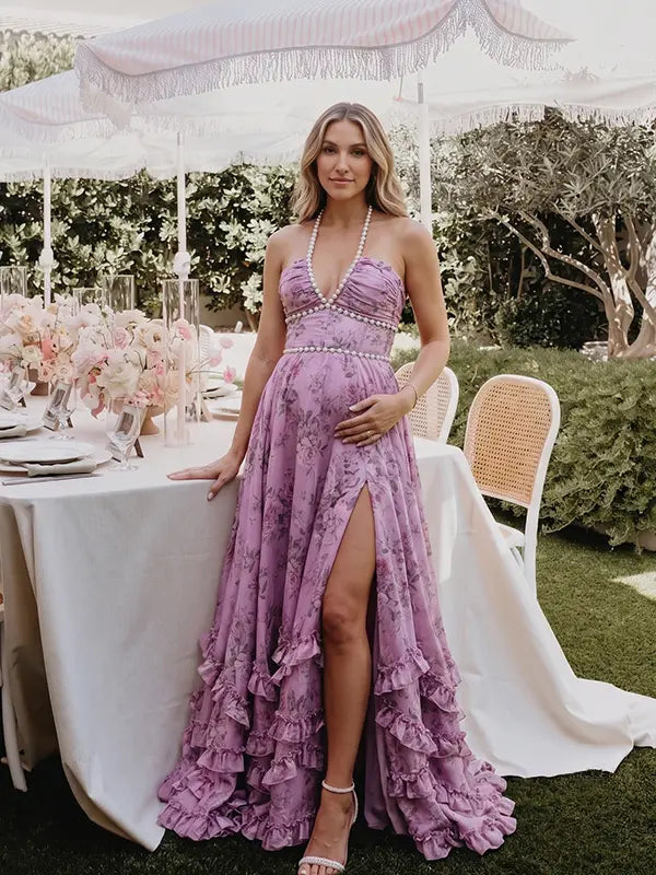 Lavender Pearl Halter Maternity Dress, Romantic Garden Maternity Maxi Dress for Baby Shower, Maternity Photoshoot, Gender Reveal, Pregnancy Announcement, Wedding Guest, Bridal Shower, Formal Events | Bumplook