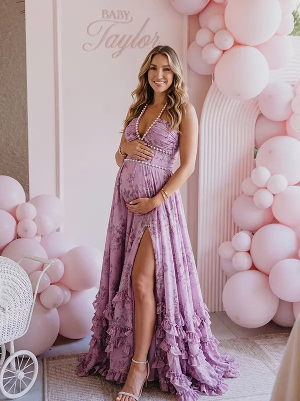 Lavender Pearl Halter Maternity Dress, Romantic Garden Maternity Maxi Dress for Baby Shower, Maternity Photoshoot, Gender Reveal, Pregnancy Announcement, Wedding Guest, Bridal Shower, Formal Events | Bumplook