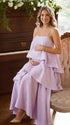 lavender tiered ruffle maternity maxi dress with spaghetti straps and flowy layers