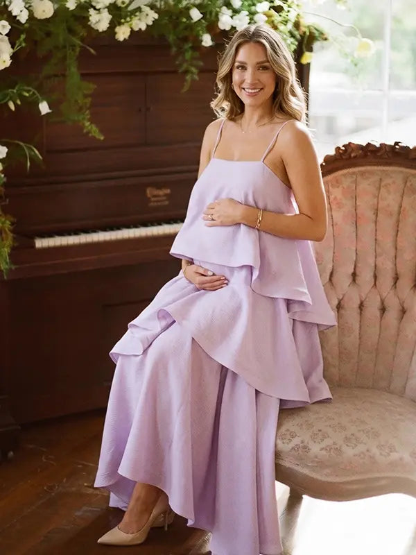 lavender tiered ruffle maternity maxi dress with spaghetti straps and flowy layers