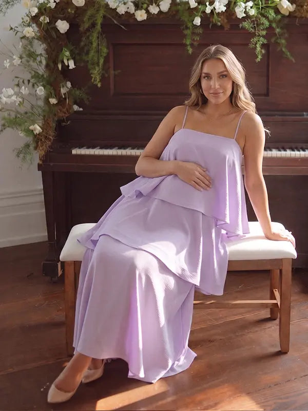 lavender tiered ruffle maternity maxi dress with spaghetti straps and flowy layers