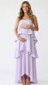 lavender tiered ruffle maternity maxi dress with spaghetti straps and flowy layers