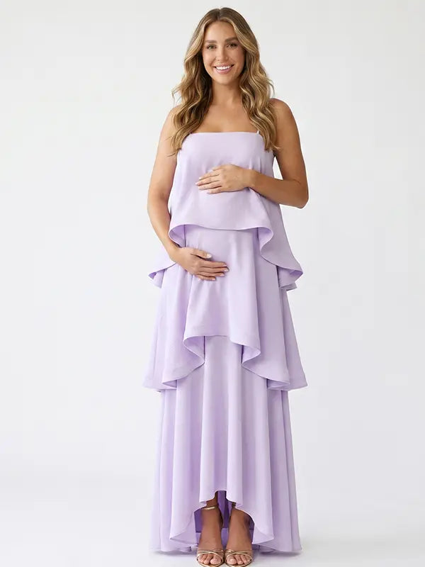lavender tiered ruffle maternity maxi dress with spaghetti straps and flowy layers