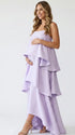 lavender tiered ruffle maternity maxi dress with spaghetti straps and flowy layers