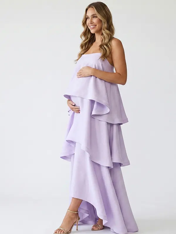 lavender tiered ruffle maternity maxi dress with spaghetti straps and flowy layers