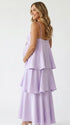 lavender tiered ruffle maternity maxi dress with spaghetti straps and flowy layers