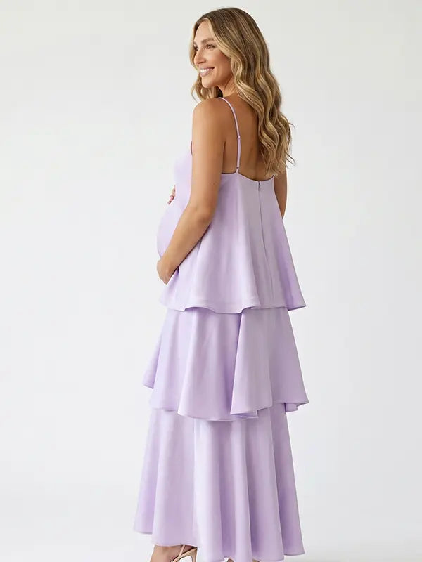 lavender tiered ruffle maternity maxi dress with spaghetti straps and flowy layers