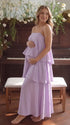 lavender tiered ruffle maternity maxi dress with spaghetti straps and flowy layers