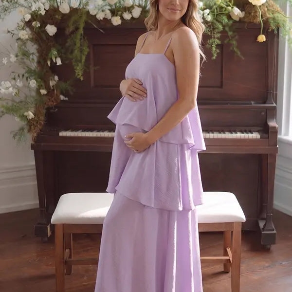 lavender tiered ruffle maternity maxi dress with spaghetti straps and flowy layers