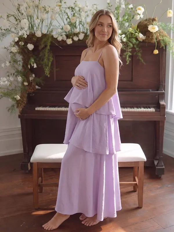 lavender tiered ruffle maternity maxi dress with spaghetti straps and flowy layers
