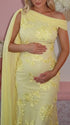 lemon yellow embroidered floral maternity maxi dress with off shoulder mermaid silhouette