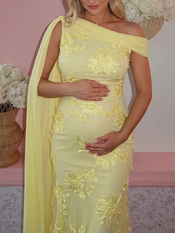 lemon yellow embroidered floral maternity maxi dress with off shoulder mermaid silhouette