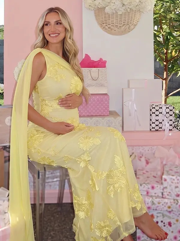 lemon yellow embroidered floral maternity maxi dress with off shoulder mermaid silhouette