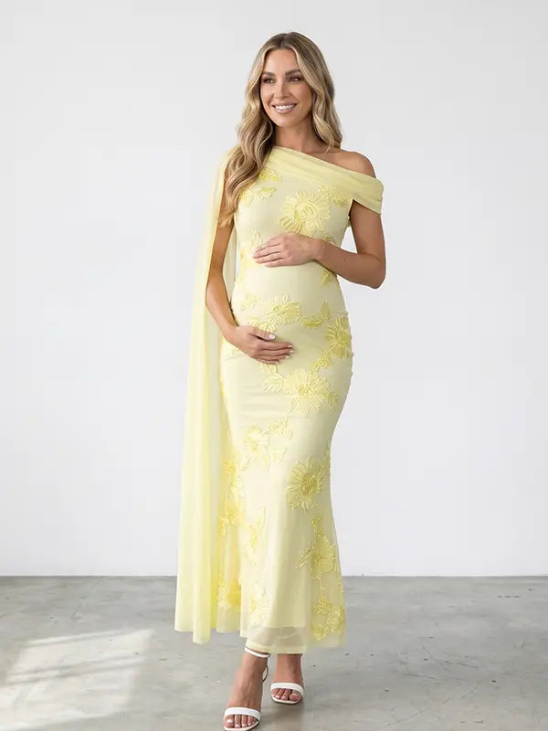 lemon yellow embroidered floral maternity maxi dress with off shoulder mermaid silhouette