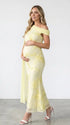 lemon yellow embroidered floral maternity maxi dress with off shoulder mermaid silhouette