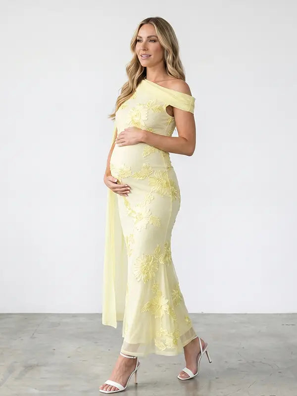 lemon yellow embroidered floral maternity maxi dress with off shoulder mermaid silhouette