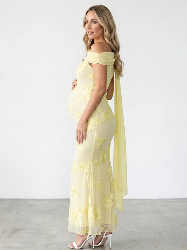 lemon yellow embroidered floral maternity maxi dress with off shoulder mermaid silhouette
