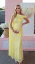 lemon yellow embroidered floral maternity maxi dress with off shoulder mermaid silhouette