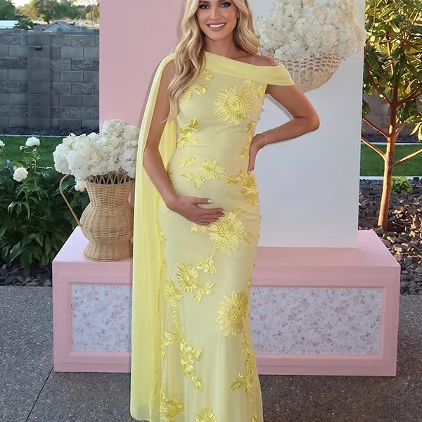 lemon yellow embroidered floral maternity maxi dress with off shoulder mermaid silhouette