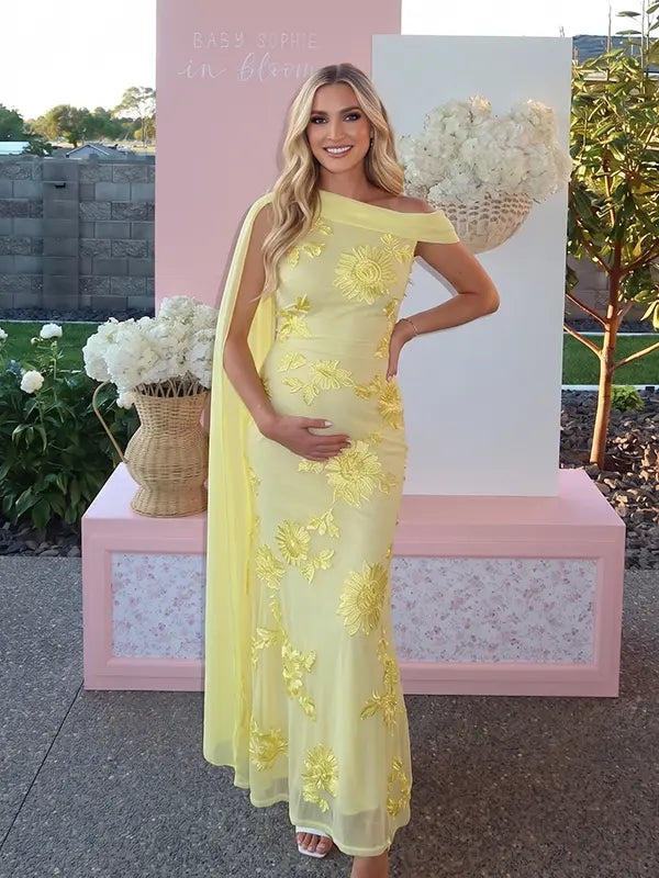 lemon yellow embroidered floral maternity maxi dress with off shoulder mermaid silhouette