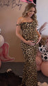 leopard print off shoulder maternity maxi dress with bodycon silhouette