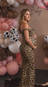 leopard print off shoulder maternity maxi dress with bodycon silhouette