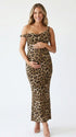 leopard print off shoulder maternity maxi dress with bodycon silhouette