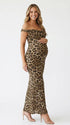 leopard print off shoulder maternity maxi dress with bodycon silhouette