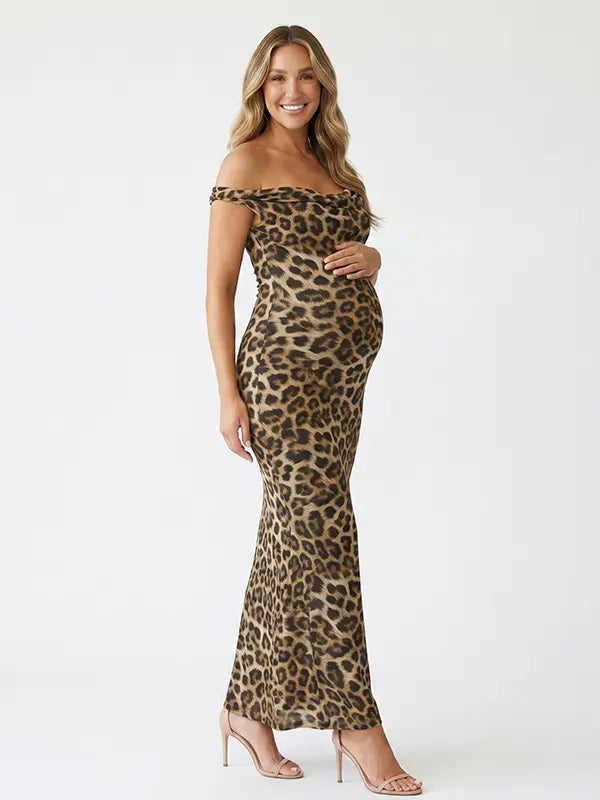 leopard print off shoulder maternity maxi dress with bodycon silhouette