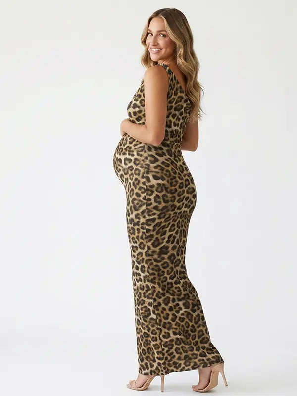 leopard print off shoulder maternity maxi dress with bodycon silhouette