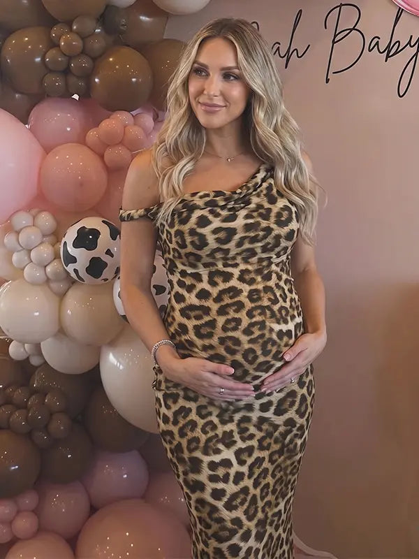 leopard print off shoulder maternity maxi dress with bodycon silhouette