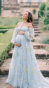 Light Blue Corset Maternity Dress with Sweetheart Neckline and Floral Puff Sleeves for Romantic Maternity Photos | Bumplook
