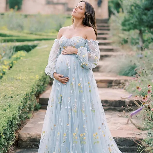 Light Blue Corset Maternity Dress with Sweetheart Neckline and Floral Puff Sleeves for Romantic Maternity Photos | Bumplook