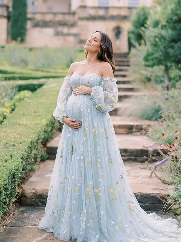 Light Blue Corset Maternity Dress with Sweetheart Neckline and Floral Puff Sleeves for Romantic Maternity Photos | Bumplook