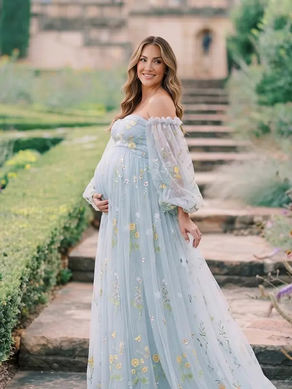 Light Blue Floral Maternity Dress, Embroidered Tulle Baby Shower Dress for Maternity Photoshoot, Pregnancy Announcement, Gender Reveal and Formal Events | Bumplook