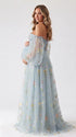 Blue Off Shoulder Maternity Maxi Dress with Floral Embroidered Tulle for Pregnancy Photoshoot, Gender Reveal and Baby Shower | Bumplook