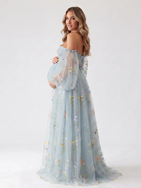 Blue Off Shoulder Maternity Maxi Dress with Floral Embroidered Tulle for Pregnancy Photoshoot, Gender Reveal and Baby Shower | Bumplook