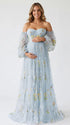 Light Blue Floral Maternity Dress, Embroidered Tulle Baby Shower Dress for Maternity Photoshoot, Pregnancy Announcement, Gender Reveal and Formal Events | Bumplook
