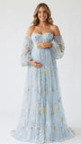 Light Blue Floral Maternity Dress, Embroidered Tulle Baby Shower Dress for Maternity Photoshoot, Pregnancy Announcement, Gender Reveal and Formal Events | Bumplook