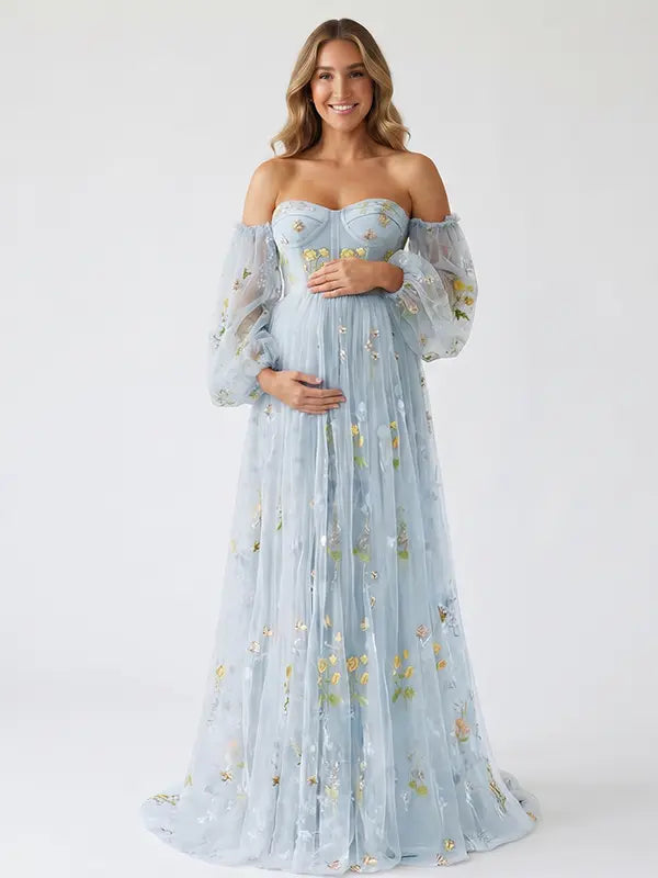Light Blue Floral Maternity Dress, Embroidered Tulle Baby Shower Dress for Maternity Photoshoot, Pregnancy Announcement, Gender Reveal and Formal Events | Bumplook
