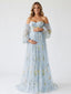 Light Blue Floral Embroidered Tulle Maternity Maxi Dress