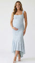 light blue jacquard maternity midi dress with corset bodice and high low hem
