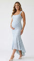 light blue jacquard maternity midi dress with corset bodice and high low hem