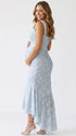 light blue jacquard maternity midi dress with corset bodice and high low hem