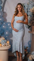 light blue jacquard maternity midi dress with corset bodice and high low hem