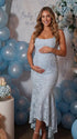 light blue jacquard maternity midi dress with corset bodice and high low hem